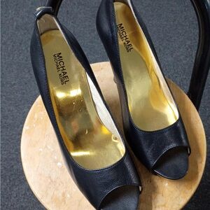 Michael Kors Black Peep-Toe Leather Heels with Gold Insole